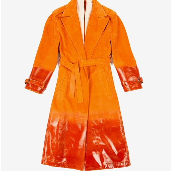 BALLY Orange Suede Leather Trench Coat - Picture 5 of 7